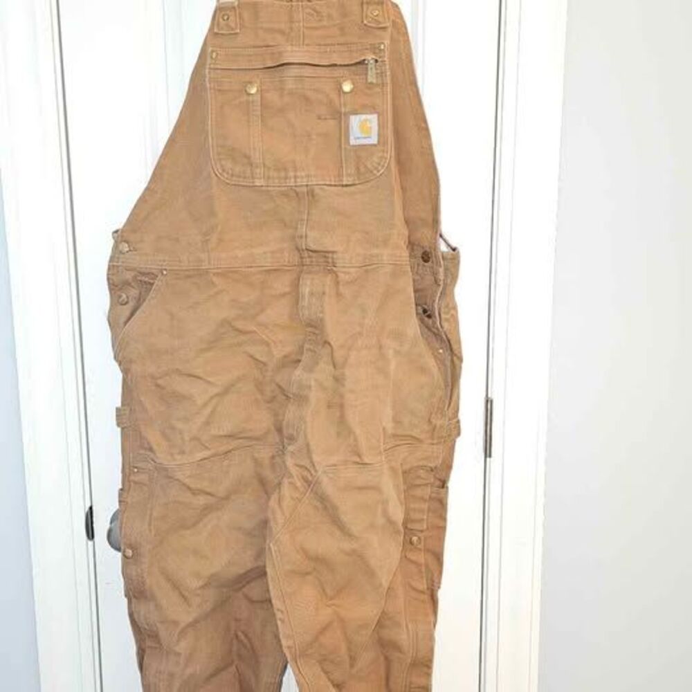 Carhartt Loose Fit Duck Canvas Bib Overalls OR0037-M 46x32 Brown Double Knee
